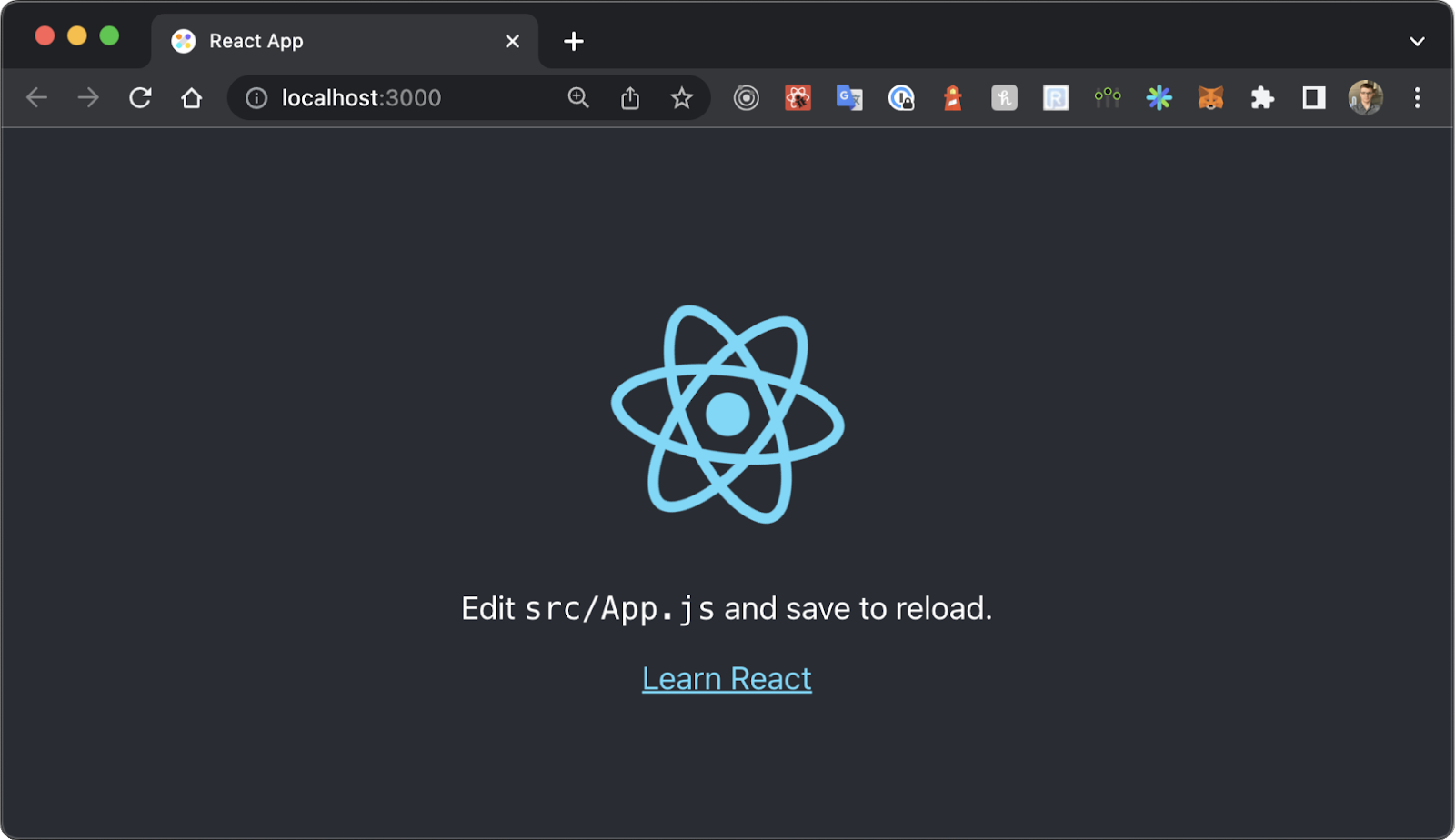 A webpage with the URL "localhost:3000" shows the React logo. On the screen, a line of text says “Edit src/App.js and save to reload,” and has a Learn React link beneath it.