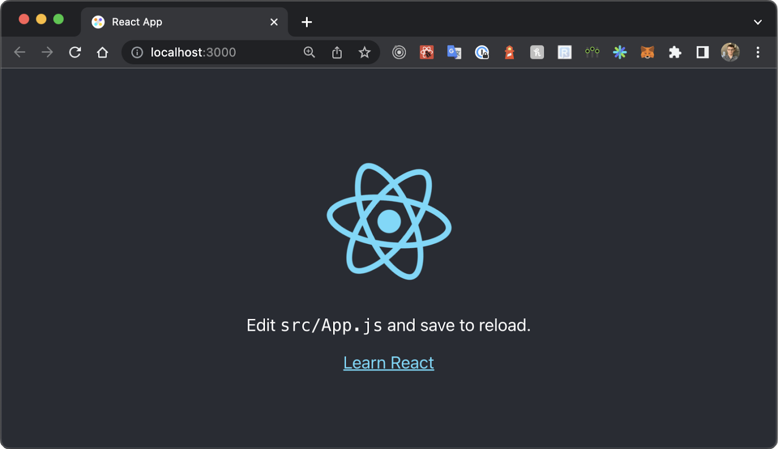 A webpage with the URL "localhost:3000" shows the React logo. On the screen, a line of text says âEdit src/App.js and save to reload,â and has a Learn React link beneath it.