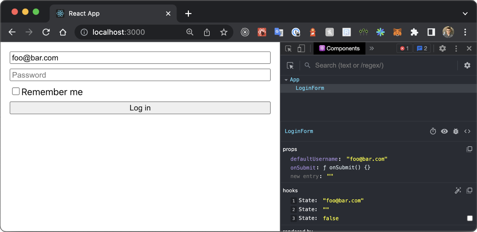 The same screenshot as above, with different username/password entries ("foo@bar.com" for the username and a blank password) and added props under the Components tab (defaultUsername and onSubmit).