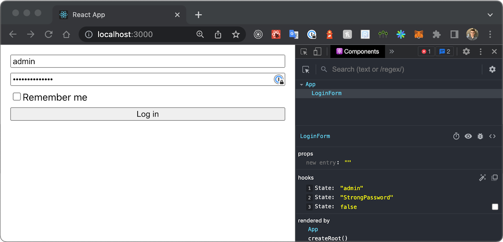 A screenshot of the login component with an âadminâ username and a hidden password on the left, and the Components tab with updated hooks states (âadmin,â âStrongPassword,â and false) on the right.