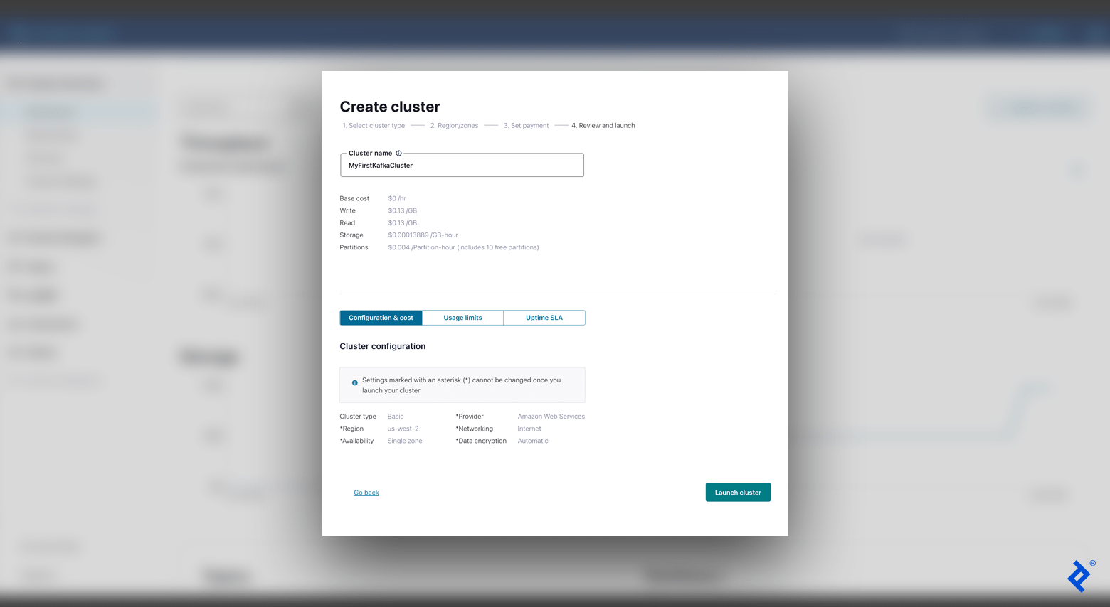 The Confluent “Create cluster” screen with various configuration choices for the “MyFirstKafkaCluster” cluster and a “Launch cluster” button.