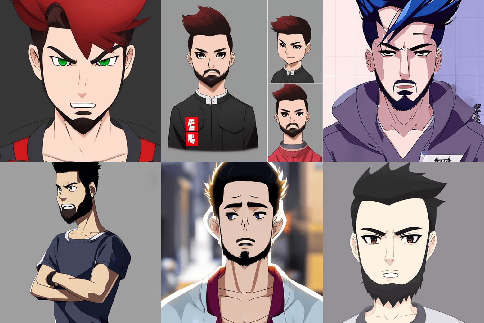 شش تصویر ایجاد شده توسط هوش مصنوعی از نویسنده مقاله که به عنوان شخصیت های مختلف انیمه طراحی شده اند.