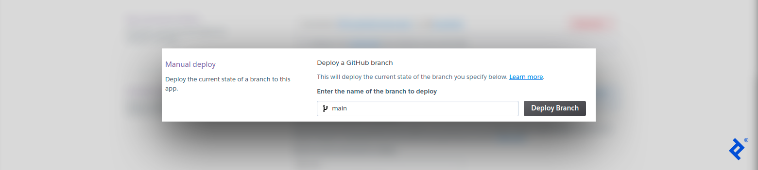 A Heroku administration deployment panel shows the application’s repository branch for Django app deployment with “main” selected under “Enter the name of the branch to deploy.” There is a black button labeled Deploy Branch at the bottom right.