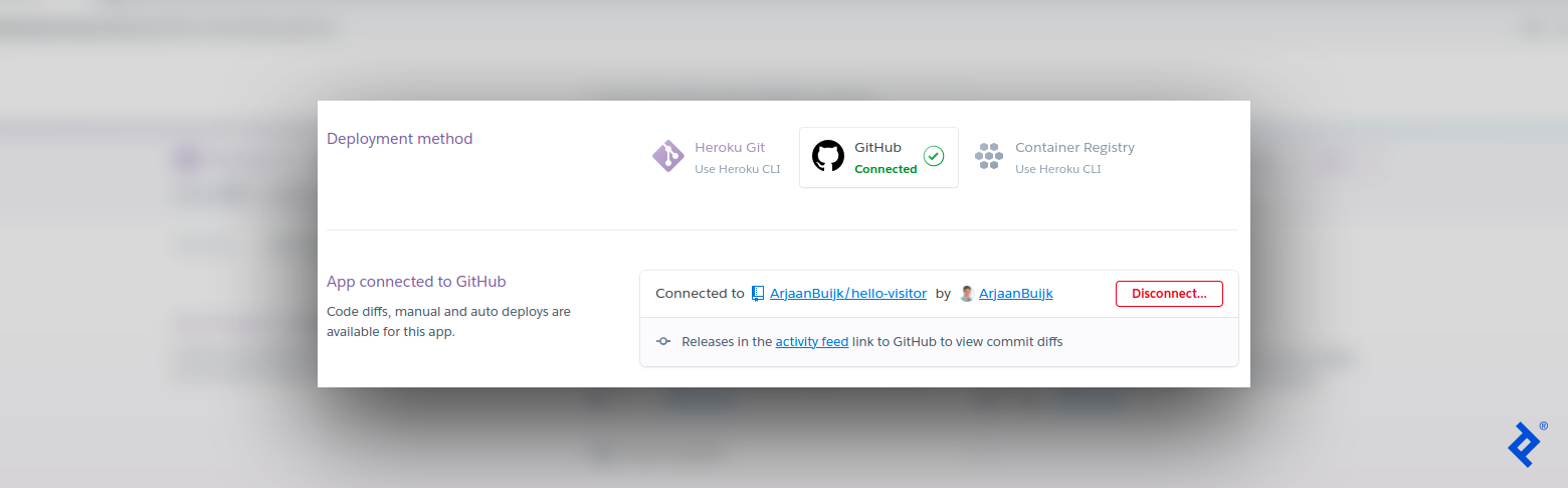 Heroku’s administration deployment tab is shown. On the top, GitHub is shown as connected. At the bottom, the GitHub repository "ArjaanBuijk/hello-visitor" is shown as connected by the user "ArjaanBuijk". A red Disconnect button is to the right of this information.