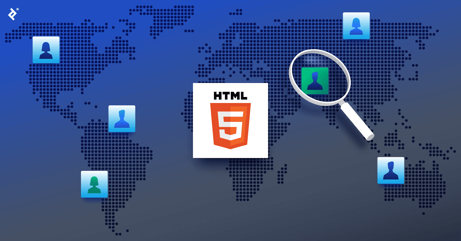 The HTML5 logo over a global map, with blue developer icons in various locations and a magnifying glass over a green developer icon.